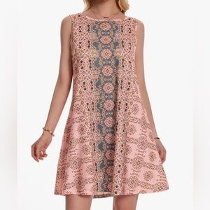 Luxveer Elegant Floral Midi Dress with pockets - Teal and Pink Size Large